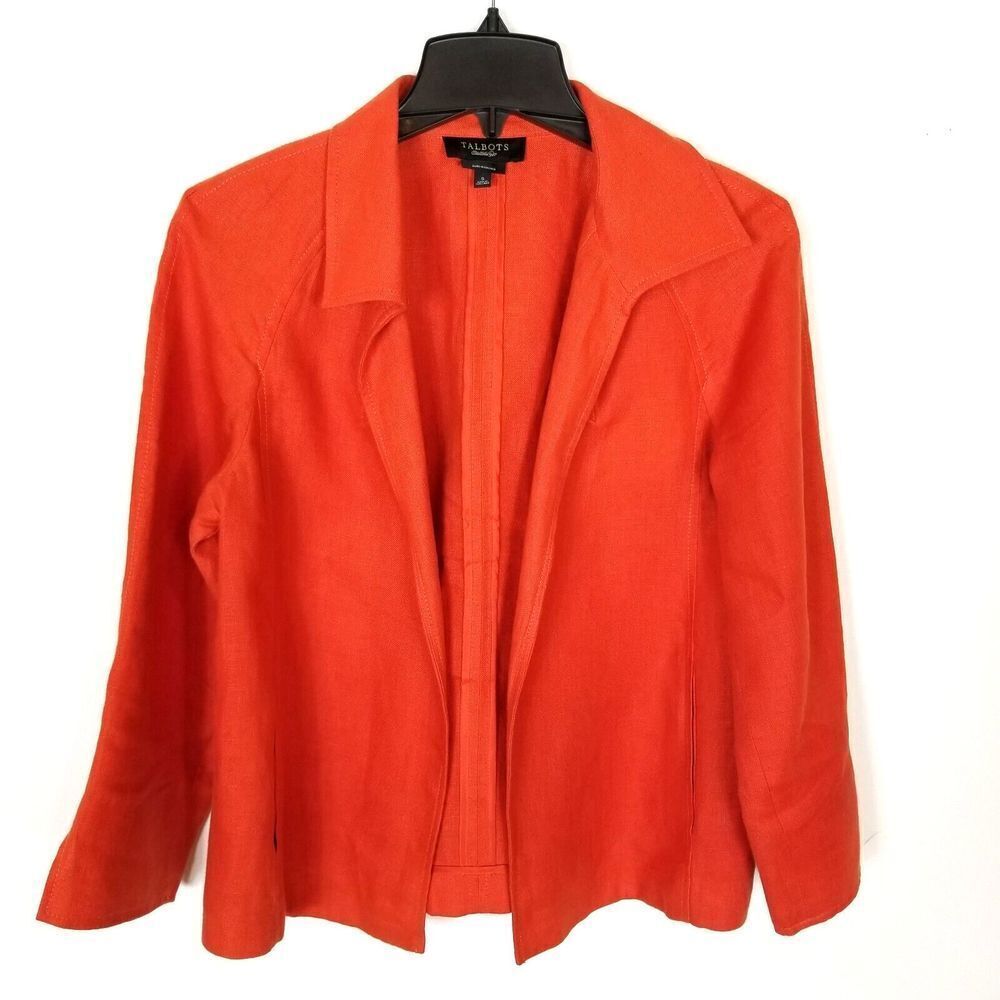 Talbot's Women Pure Irish Linen Blazer Size S Open‎ Front Orange